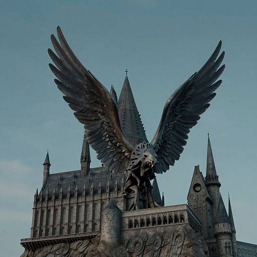 Photograph of a large, detailed bronze gryphon statue with outstretched wings atop a Gothic-style castle with pointed spires against a clear blue