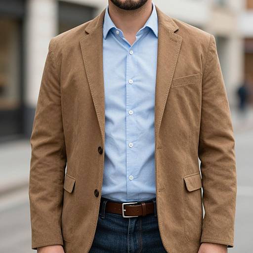 Photograph of a man from the chest down, wearing a light blue button-up shirt, brown suede blazer, and dark jeans, standing on a