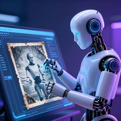 Photograph of a glowing blue and white robotic figure editing a grayscale image of two people in a dark room on a digital screen.