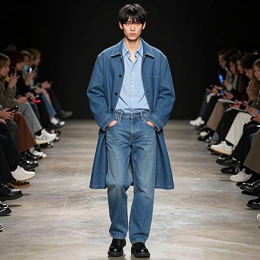 Male model with straight black hair, wearing a blue denim coat over a light blue shirt and matching jeans, walks a runway.