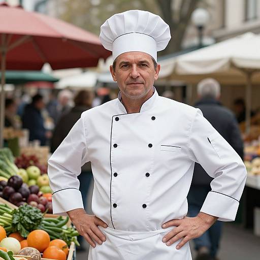 Photograph of a middle-aged male chef with a white hat and double-breasted white jacket, standing confidently at an outdoor market with colorful vegetables and blurred