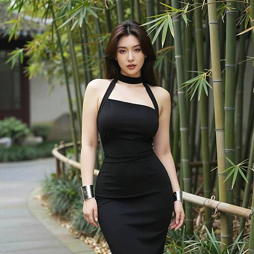 Woman in Black Halterneck Dress in Bamboo Grove