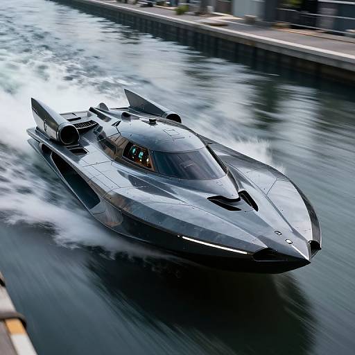 Futuristic Cyberpunk Speedboat on Canal