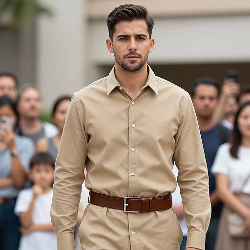 Photograph of a handsome, bearded man in a beige button-up shirt and brown belt, walking confidently down a street with a blurred crowd in the