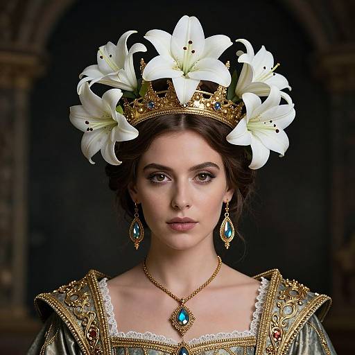 Photograph of a fair-skinned woman with dark hair, wearing a white lily crown, gold and emerald jewelry, and ornate green dress
