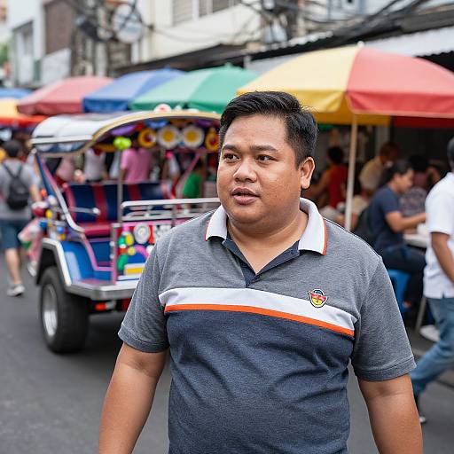 Photograph of an Asian man with short black hair, wearing a gray polo shirt with white and orange stripes, standing on a busy street with colorful food
