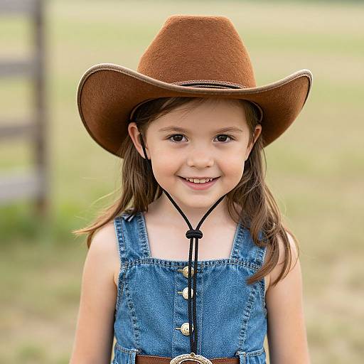 Photograph of a smiling young girl with light skin and brown hair, wearing a brown cowboy hat and blue denim overalls, standing in a grassy