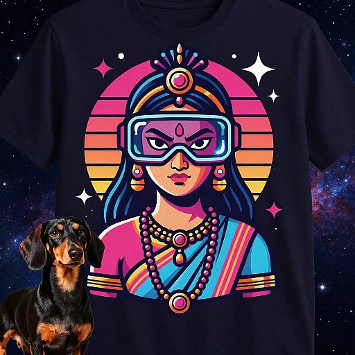 Digital graphic of an Indian woman in a colorful sari, virtual reality headset, and jewelry, with a Dachshund by her side, on