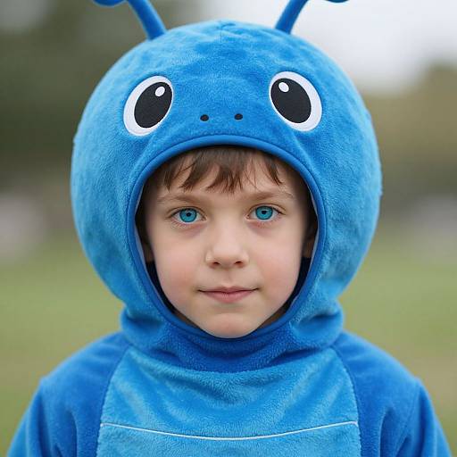 Photograph of a young boy with blue eyes, wearing a blue, plush, alien-themed hooded costume with antennae and large eyes, in an