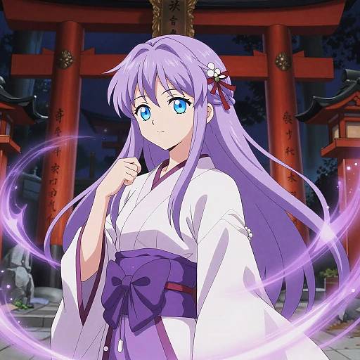 Anime-style digital illustration of a purple-haired, blue-eyed girl in a white kimono with a purple obi, standing in front of red torii
