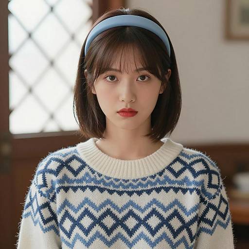 Young Woman with Blue Headband and Patterned Sweater