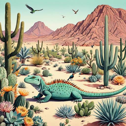 Desert Oasis with Lizard and Cacti