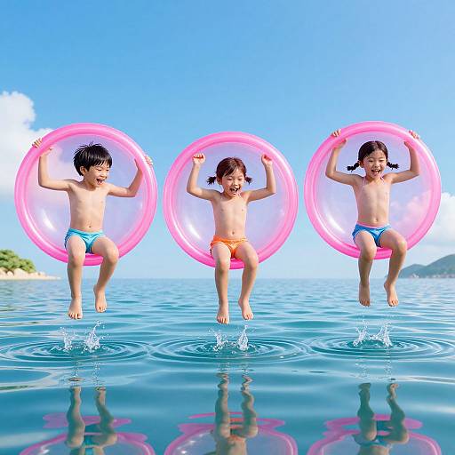 Three Asian children, shirtless and in swim trunks, joyfully jumping off pink inflatable rings into clear blue water, with a bright sky background.
