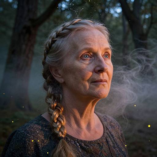Photograph of an elderly white woman with braided blonde hair, wearing a dark, sparkly top, gazing upward in a misty forest,