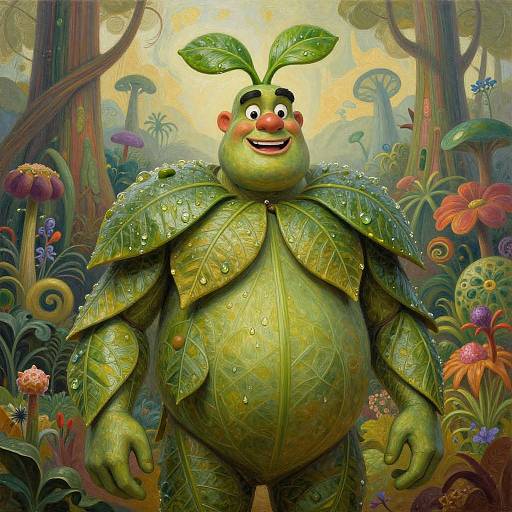 Digital illustration of a cheerful, green, leaf-armored, chubby forest creature with two leaves on its head, standing in a vibrant, whimsical forest