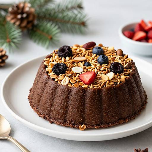 Photograph of a rich, dark chocolate cake topped with nuts, blueberries, raspberries, and blackberries, on a white plate, with pine