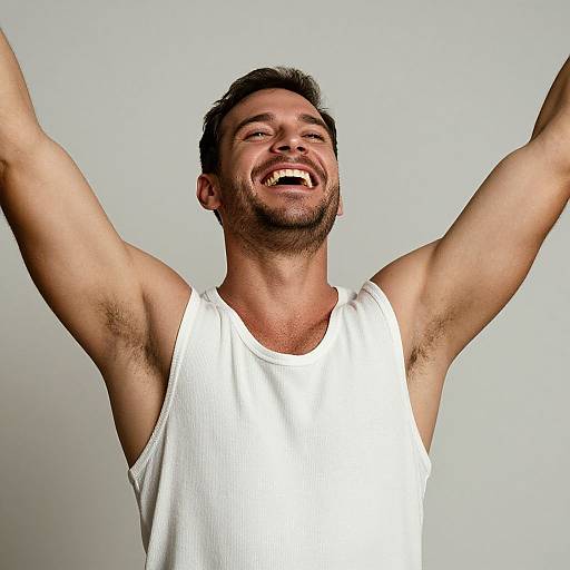 Photograph of a smiling, muscular man with dark hair, stubble, and raised arms, wearing a white tank top against a plain gray background.