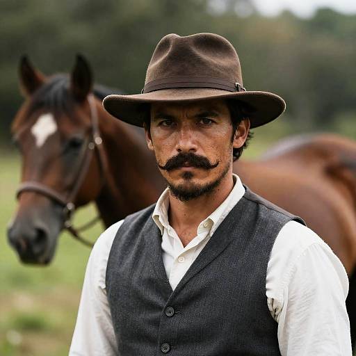 Intense Rugged Man with Horses Background