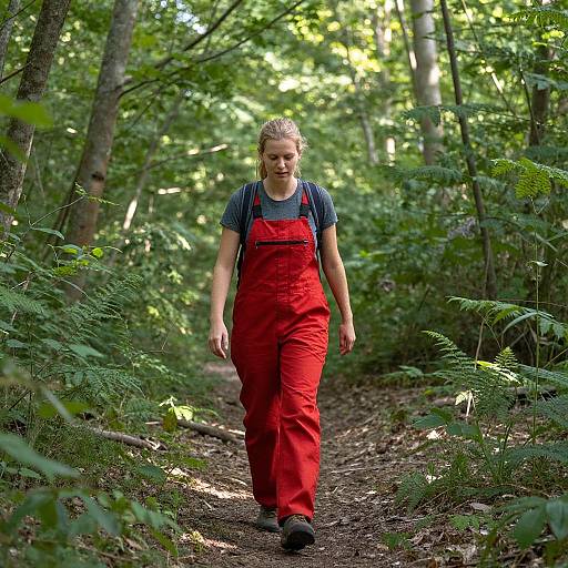 Photograph of a blonde woman with braided hair, wearing red overalls and a blue shirt, walking on a forest path. Sunlight filters through