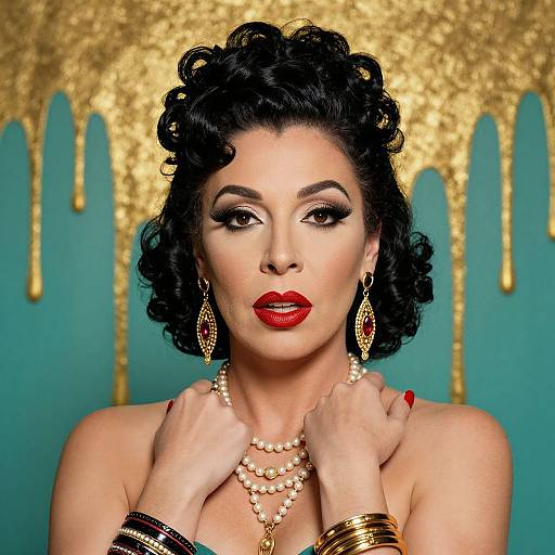 Photograph of a glamorous woman with curly black hair, bold red lipstick, gold earrings, multiple pearl necklaces, and gold bracelets, set against a