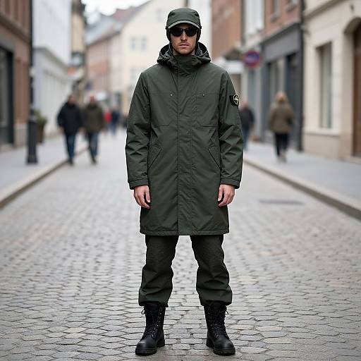 Photograph of a serious man in an olive-green military-style coat, black pants, boots, and cap, standing on a cobblestone street with