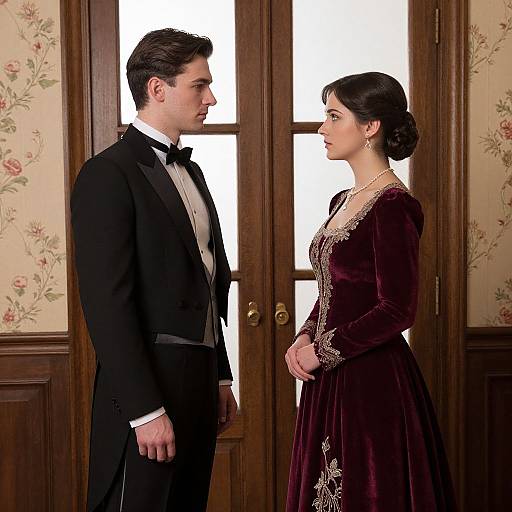 Photograph of a formal couple: a young man in a black tuxedo and bow tie facing a woman in a maroon velvet dress with gold