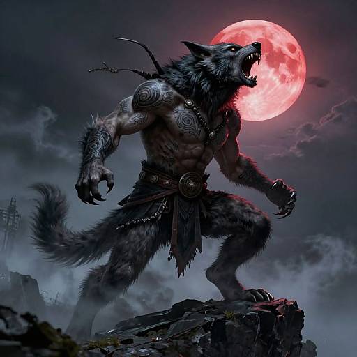 Digital artwork of a muscular, tattooed werewolf with glowing red eyes, roaring at a full moon, standing on a rocky cliff. Dark, cloudy