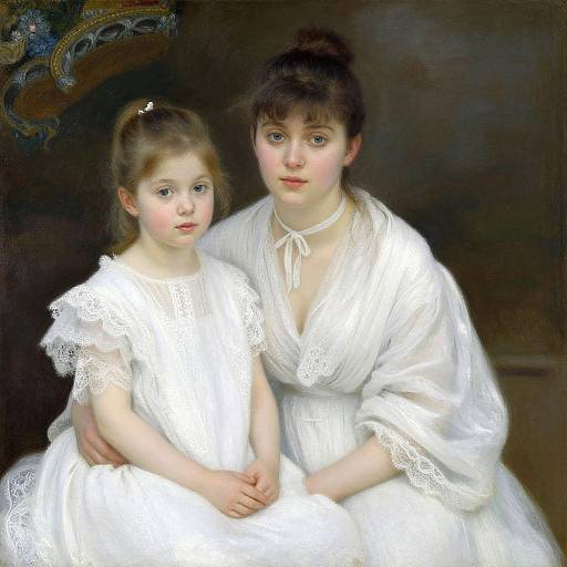 Digital painting of a young girl and an older woman in white, lace-trimmed dresses, seated together against a dark background. The woman gently holds