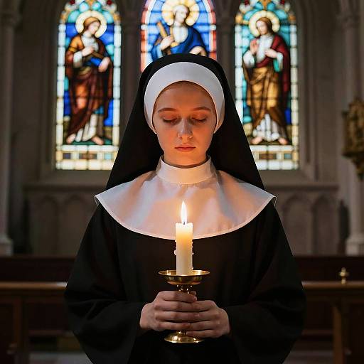 Peaceful Young Nun in Dim Church