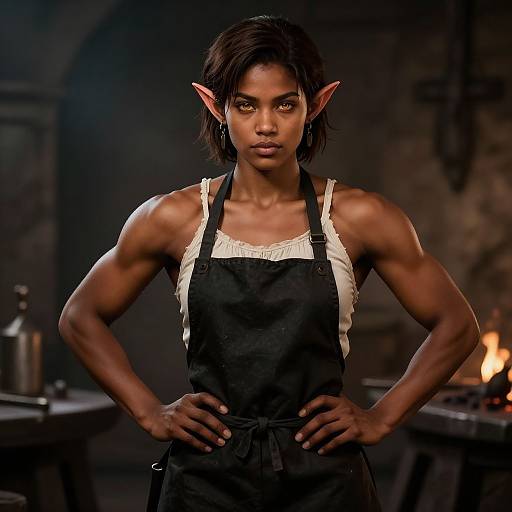 Photorealistic digital artwork of a muscular, dark-skinned, elf woman with pointed ears, wearing a black apron over a white tank top,