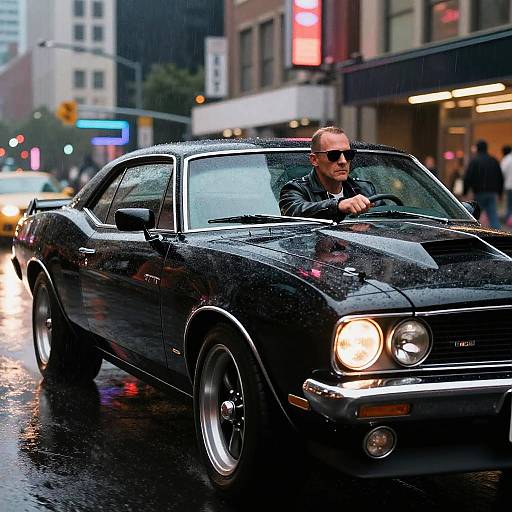 Photograph of a bald, sunglasses-wearing man driving a sleek, black muscle car with shiny wet surfaces on a rainy city street at night. Neon
