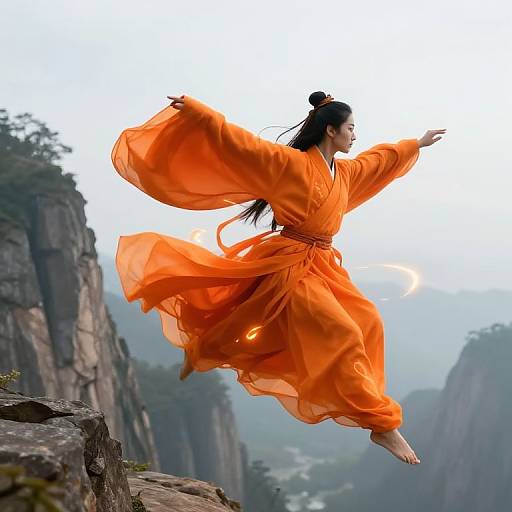 Photograph of an Asian woman in an orange, flowing traditional dress, mid-jump against a misty mountainous backdrop, with arms outstretched