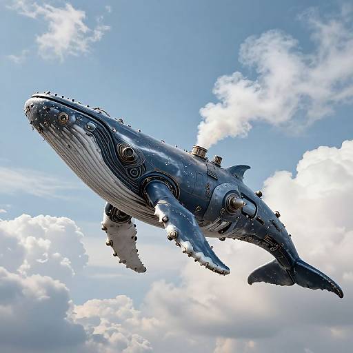 Digital art of a giant, blue, whale-shaped airship with mechanical details, flying against a bright blue sky with fluffy white clouds.