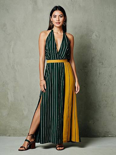 Chic Woman in Vertical Striped Maxi Dress