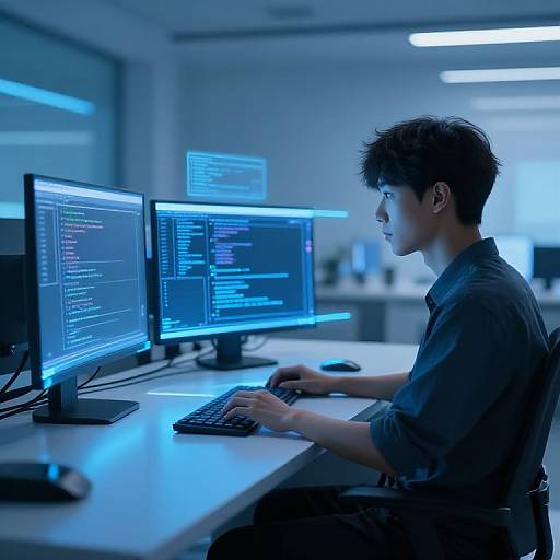 Photograph of a young man with short brown hair, wearing a gray shirt, intensely focused on blue-lit coding monitors in a modern, brightly lit