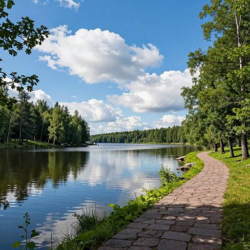 Photograph of a serene lake with clear reflections, surrounded by lush green trees, under a bright blue sky with fluffy white clouds. A stone pathway curves