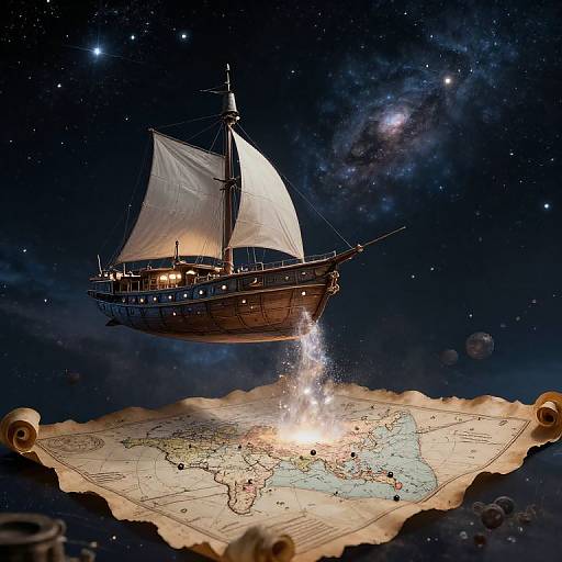 Photograph of a vintage wooden ship with white sails, illuminated by a bright flame on a parchment map, floating in a starry, cosmic background with