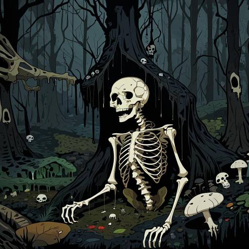 Eerie Skeleton in a Forest at Night