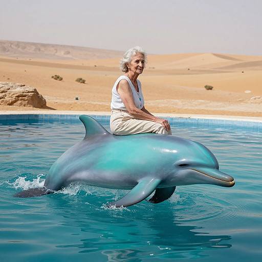 Photograph of an elderly white-haired woman in a white tank top and beige pants, riding a blue dolphin in a desert pool.
