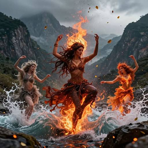 Photograph-style digital artwork of three dancing, fire-entwined women in tribal attire, mid-leap over water, with mountainous, cloudy
