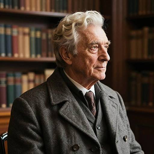 Photograph of an elderly white man with wavy white hair, wearing a dark gray tweed overcoat, white shirt, and maroon tie,