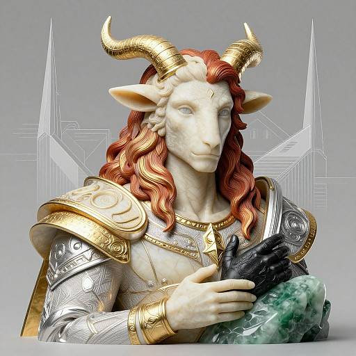 Digital CGI artwork of a horned, white-skinned, red-haired humanoid goat in ornate, metallic armor, holding a black raven and green