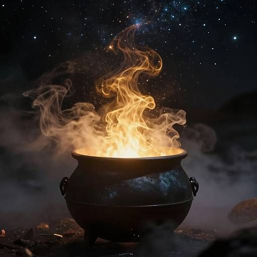 Photograph of a glowing cauldron with bright, orange flames and swirling smoke, set against a starry night sky.