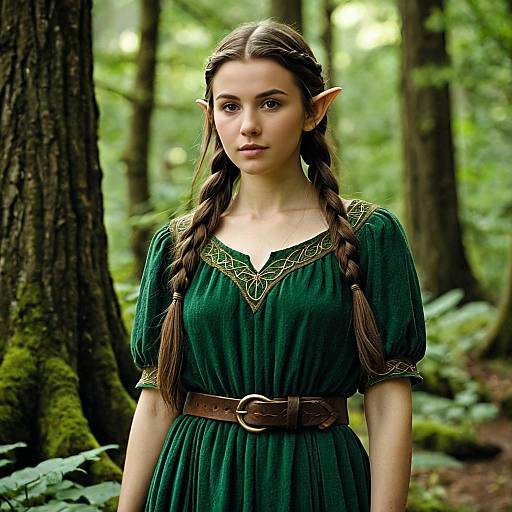 Young Elf Woman in Green Dress in Forest