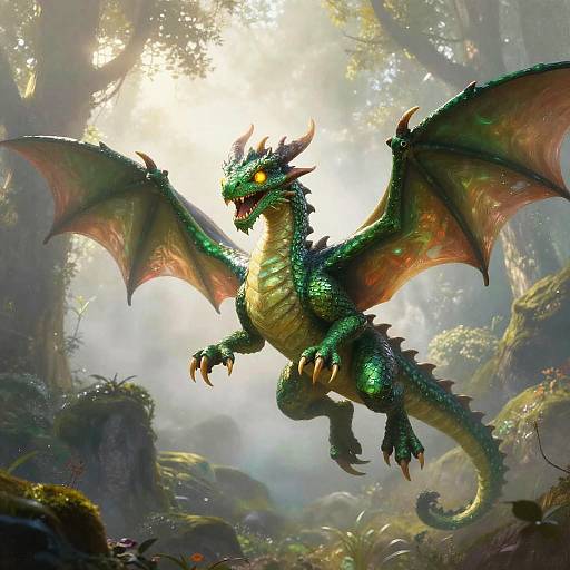 Majestic Emerald Dragon in Misty Forest