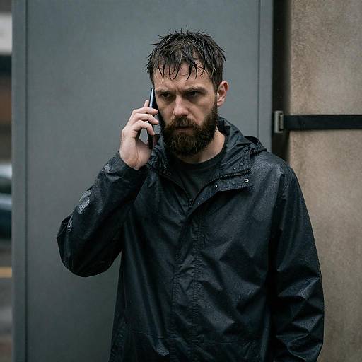 Man in Raincoat Making Phone Call in Rain