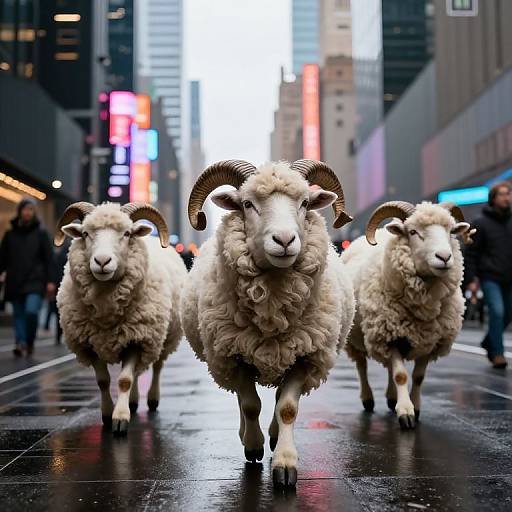 Photograph of three fluffy, horned sheep walking down a wet, urban street at night, surrounded by blurred neon signs and city buildings.
