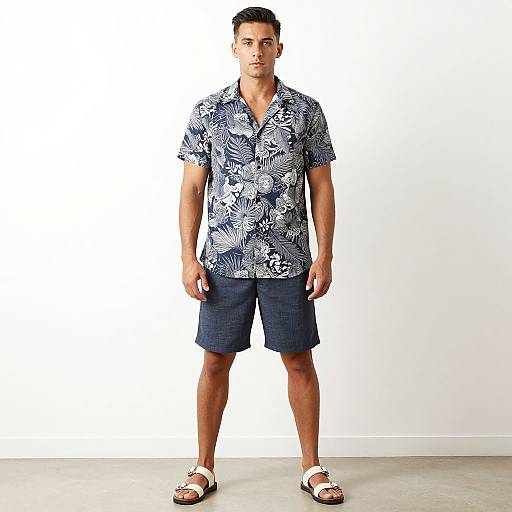 Photograph of a young man with short dark hair, wearing a blue floral shirt, navy shorts, and white sandals, standing against a plain white background