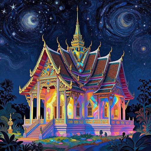 Vibrant, neon-lit Thai temple under a swirling, starry night sky, featuring intricate golden details and colorful, glowing windows. Digital art