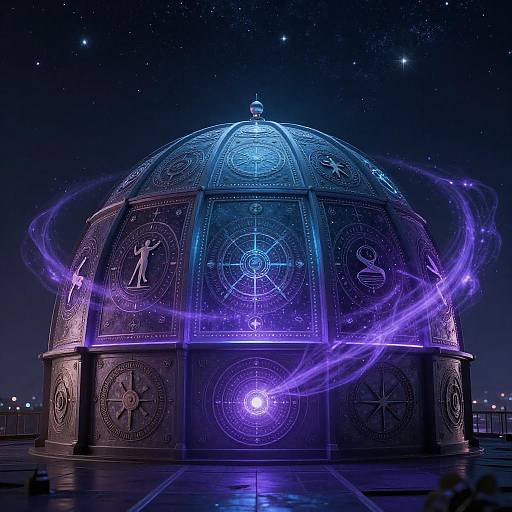 Photograph of a illuminated, starry-night dome with astrological symbols, glowing blue and purple, and swirling magical light effects.